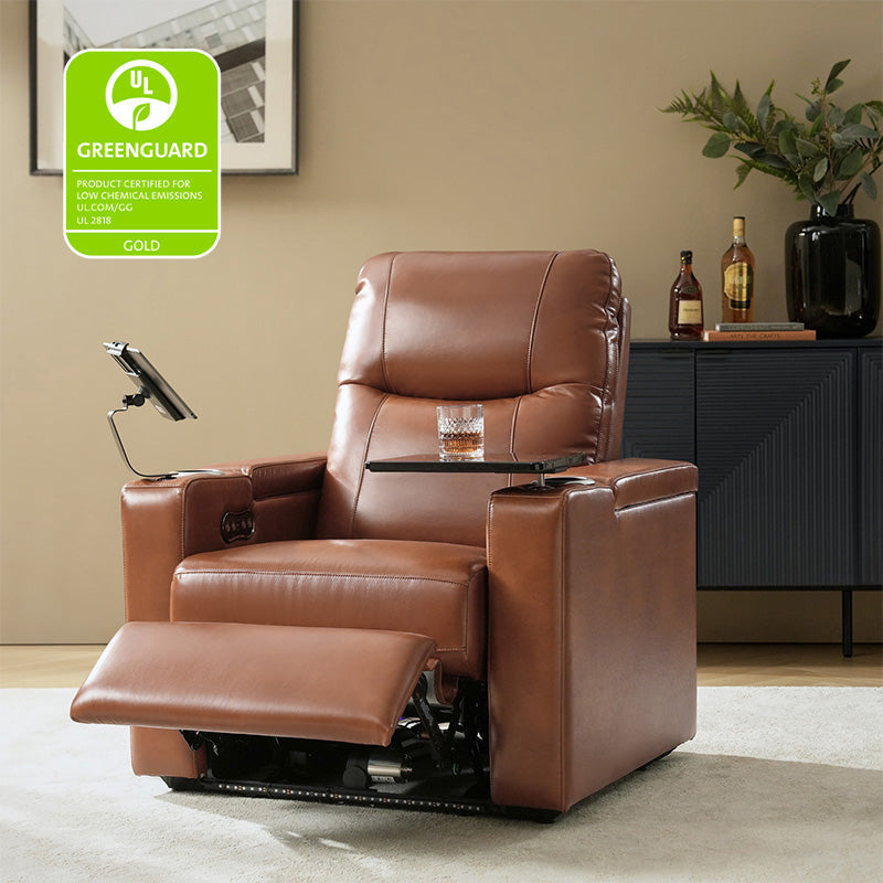 Fauteuil inclinable électrique en cuir de première qualité avec appuie-tête réglable, table d'appoint, support de téléphone, chargement USB et éclairage d'ambiance | Chameau / Noir / Cuir vieilli | Une place