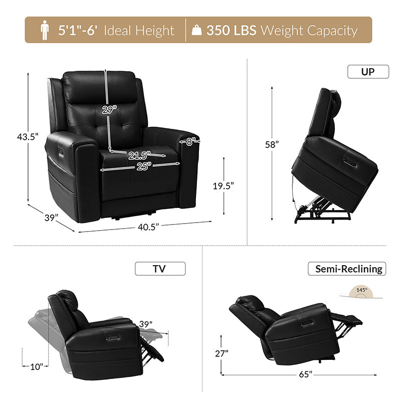 Fauteuil releveur inclinable XL avec massage, chaleur, ports de charge USB et Type-C, porte-gobelet et poches de rangement | Camel / Ivoire / Noir | Un siège