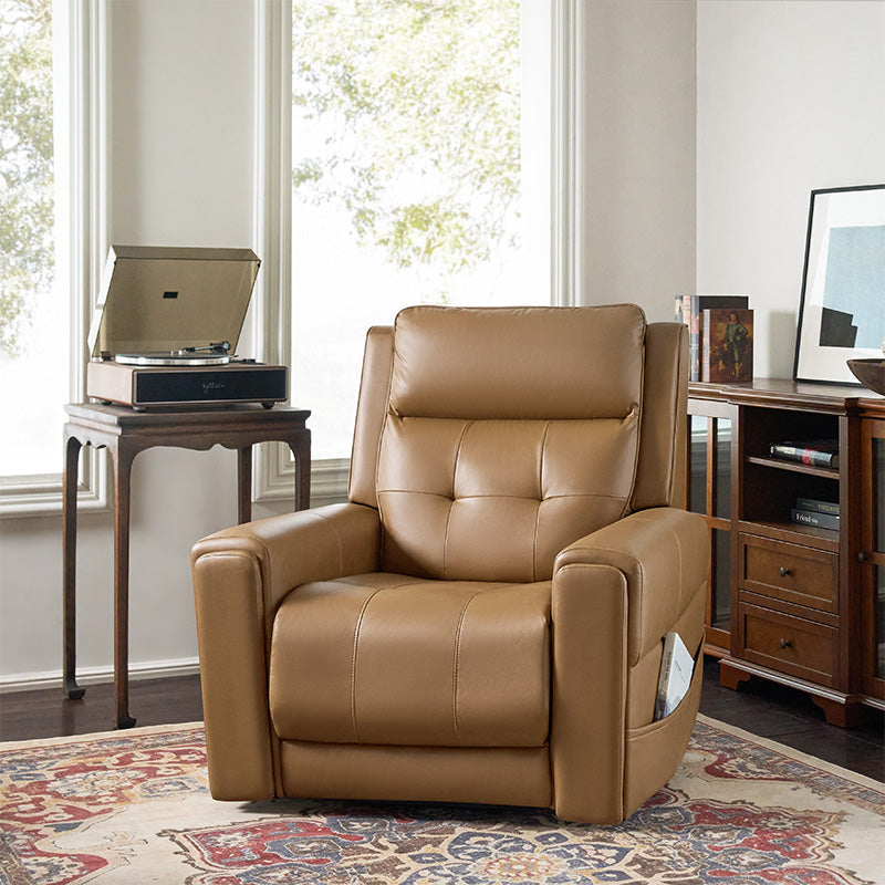 Fauteuil releveur inclinable XL avec massage, chaleur, ports de charge USB et Type-C, porte-gobelet et poches de rangement | Camel / Ivoire / Noir | Un siège