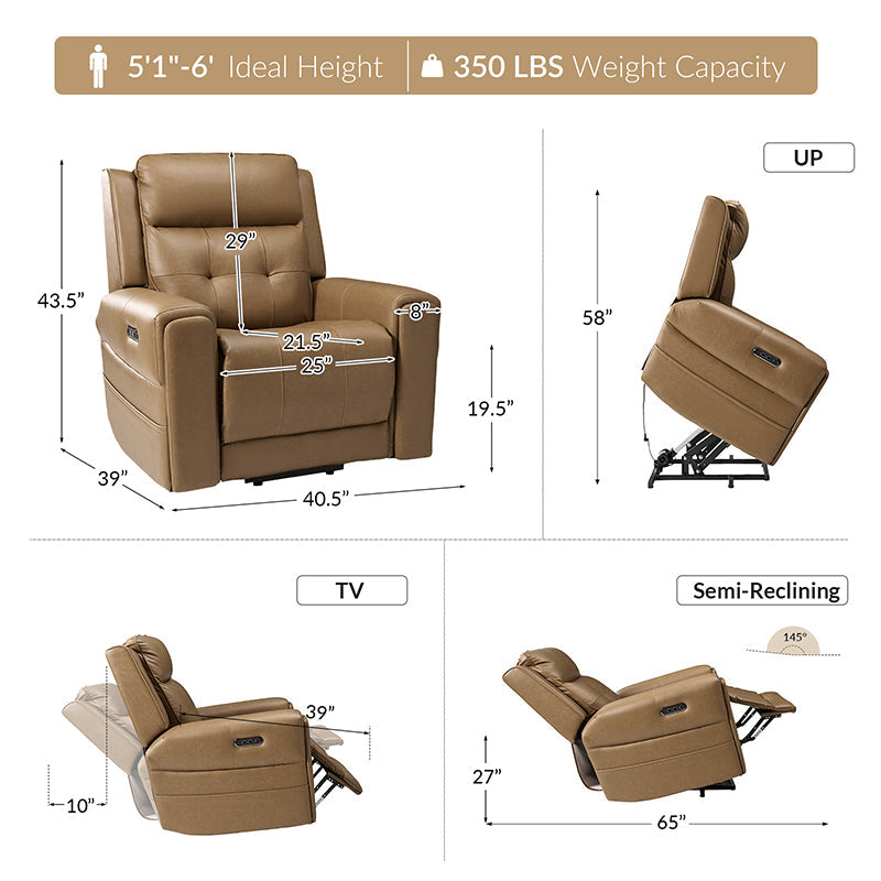 Fauteuil releveur inclinable XL avec massage, chaleur, ports de charge USB et Type-C, porte-gobelet et poches de rangement | Camel / Ivoire / Noir | Un siège