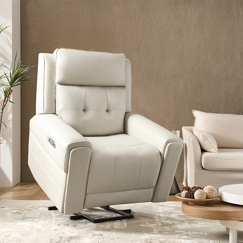 Fauteuil releveur inclinable XL avec massage, chaleur, ports de charge USB et Type-C, porte-gobelet et poches de rangement | Camel / Ivoire / Noir | Un siège