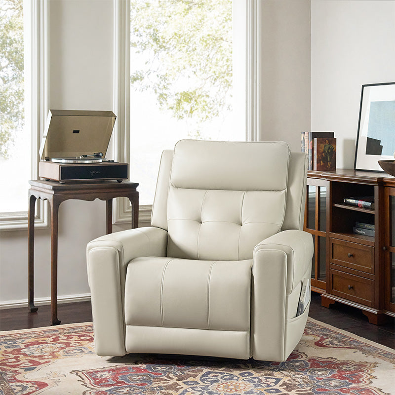 Fauteuil releveur inclinable XL avec massage, chaleur, ports de charge USB et Type-C, porte-gobelet et poches de rangement | Camel / Ivoire / Noir | Un siège