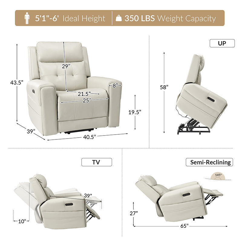 Fauteuil releveur inclinable XL avec massage, chaleur, ports de charge USB et Type-C, porte-gobelet et poches de rangement | Camel / Ivoire / Noir | Un siège