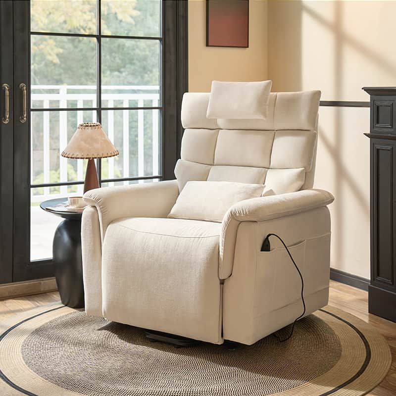 Fauteuil inclinable releveur avec massage dorsal par airbag, thérapie chauffante et support tête et lombaire réglables | Bleu marine / Beige | Monoplace