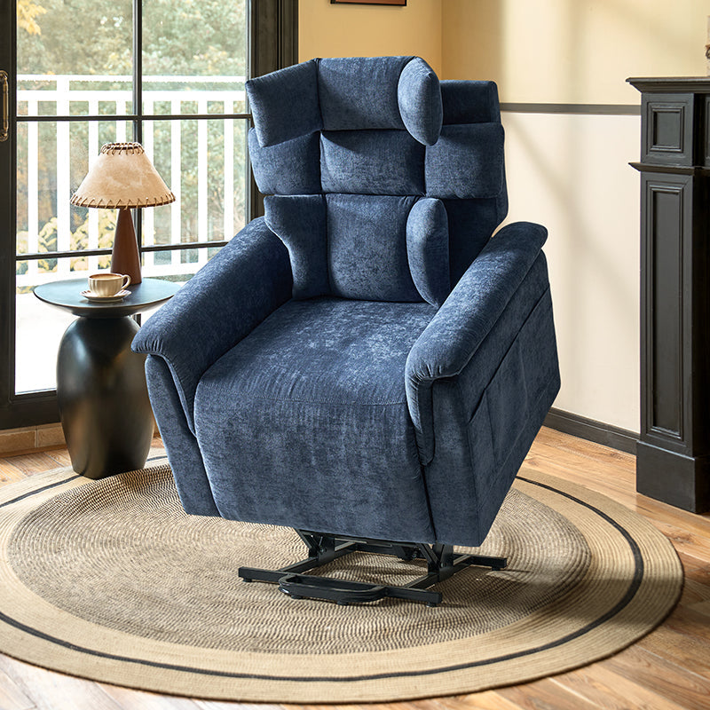 Fauteuil inclinable releveur avec massage dorsal par airbag, thérapie chauffante et support tête et lombaire réglables | Bleu marine / Beige | Monoplace