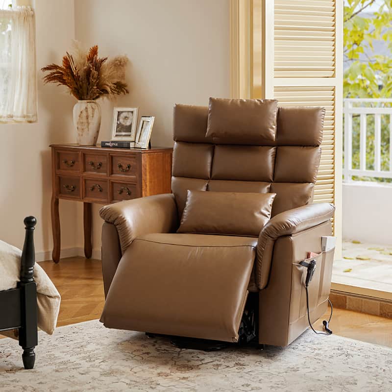 Fauteuil inclinable releveur en similicuir avec position allongée, dossier et repose-pieds réglables indépendamment, support tête et lombaire | Camel / Bleu marine | Une place