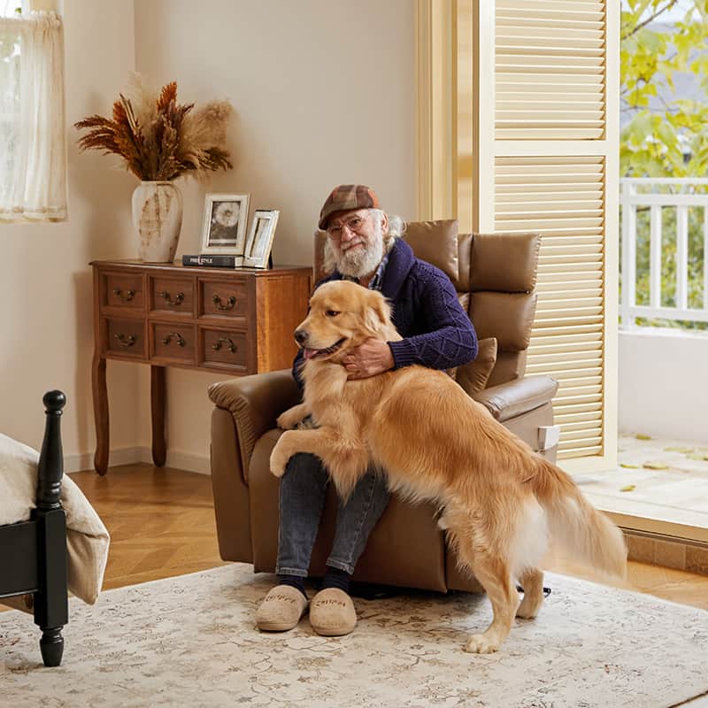 Fauteuil inclinable releveur en similicuir avec position allongée, dossier et repose-pieds réglables indépendamment, support tête et lombaire | Camel / Bleu marine | Une place