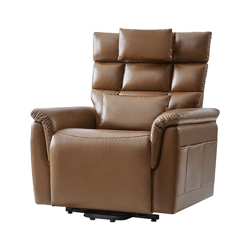 Fauteuil inclinable releveur en similicuir avec position allongée, dossier et repose-pieds réglables indépendamment, support tête et lombaire | Camel / Bleu marine | Une place