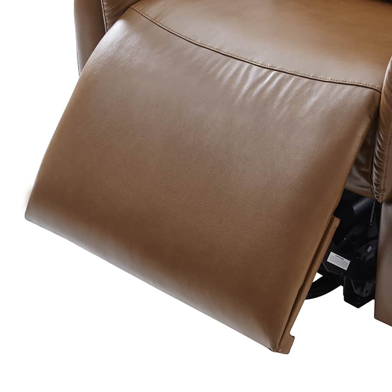 Fauteuil inclinable releveur en similicuir avec position allongée, dossier et repose-pieds réglables indépendamment, support tête et lombaire | Camel / Bleu marine | Une place