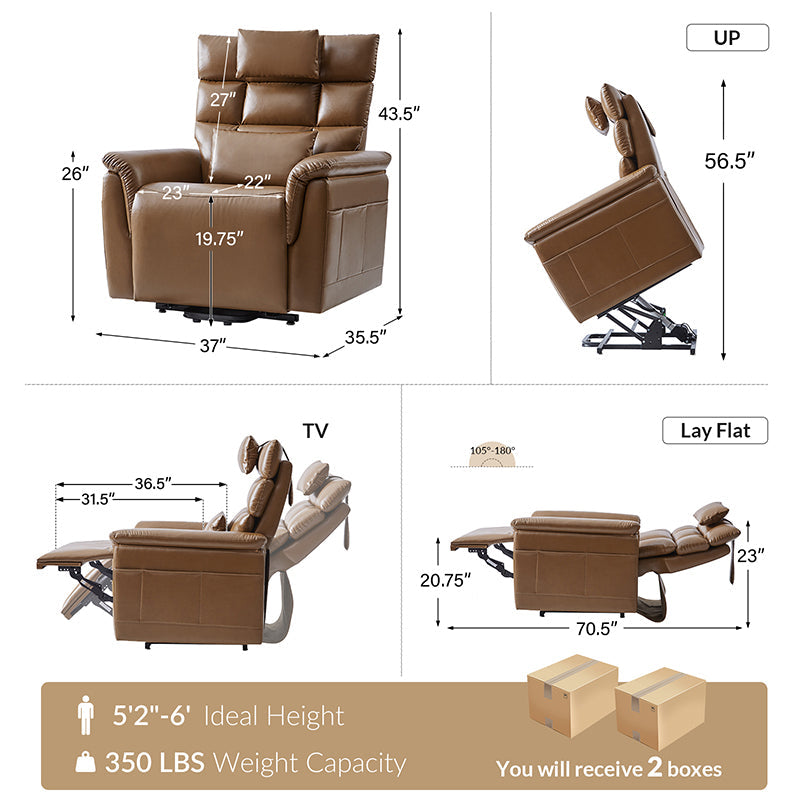 Fauteuil inclinable releveur en similicuir avec position allongée, dossier et repose-pieds réglables indépendamment, support tête et lombaire | Camel / Bleu marine | Une place