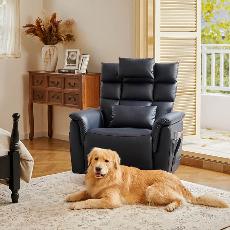 Fauteuil inclinable releveur en similicuir avec position allongée, dossier et repose-pieds réglables indépendamment, support tête et lombaire | Camel / Bleu marine | Une place