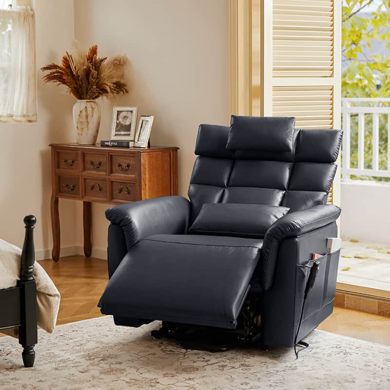 Fauteuil inclinable releveur en similicuir avec position allongée, dossier et repose-pieds réglables indépendamment, support tête et lombaire | Camel / Bleu marine | Une place