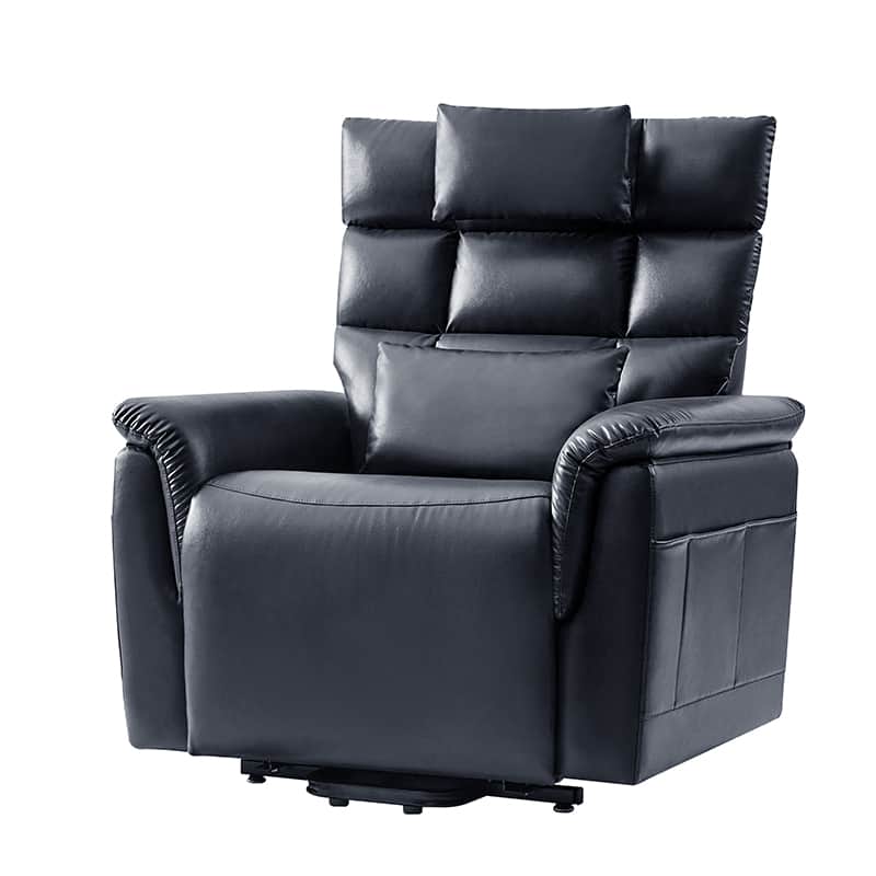 Fauteuil inclinable releveur en similicuir avec position allongée, dossier et repose-pieds réglables indépendamment, support tête et lombaire | Camel / Bleu marine | Une place