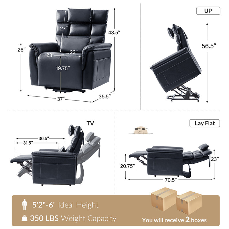 Fauteuil inclinable releveur en similicuir avec position allongée, dossier et repose-pieds réglables indépendamment, support tête et lombaire | Camel / Bleu marine | Une place