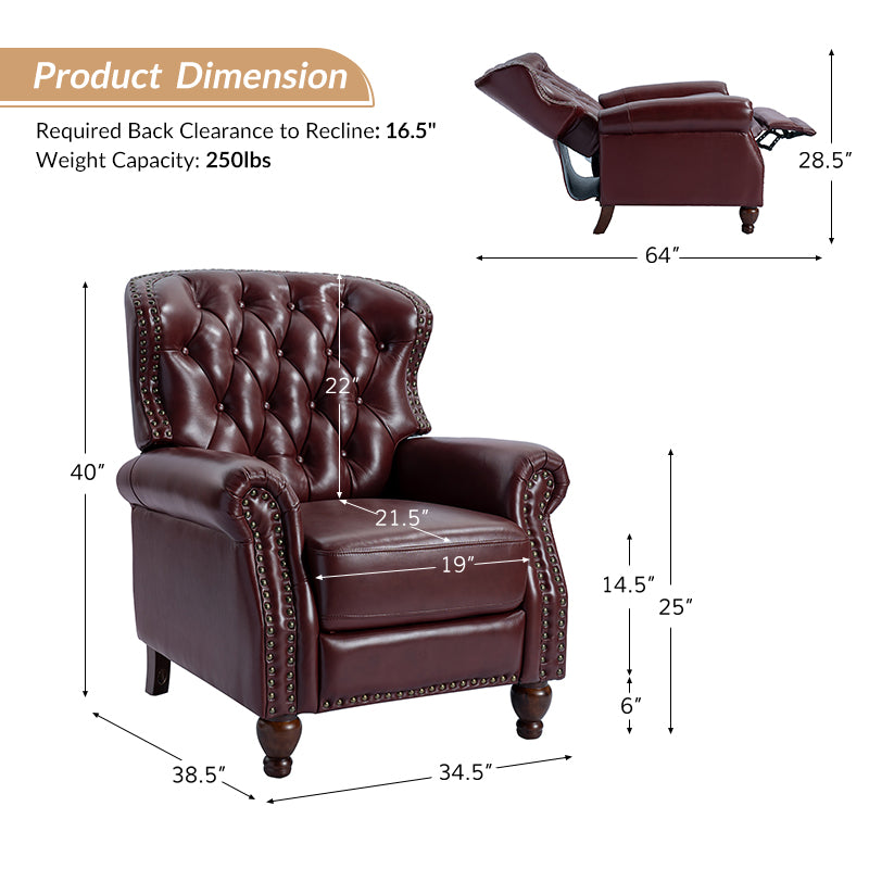 Fauteuil inclinable manuel en cuir véritable avec clous décoratifs, assise en mousse épaisse et inclinaison à 135° | Camel / Bleu marine / Bordeaux / Beige / Rouge / Marron | Une place