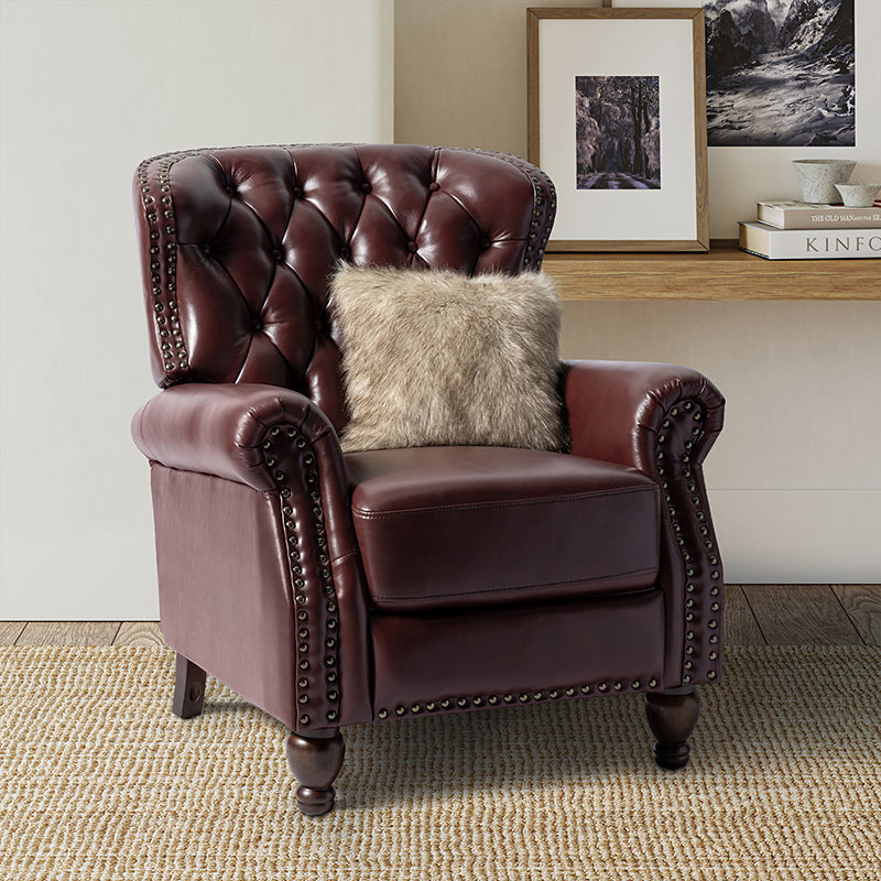 Fauteuil inclinable manuel en cuir véritable avec clous décoratifs, assise en mousse épaisse et inclinaison à 135° | Camel / Bleu marine / Bordeaux / Beige / Rouge / Marron | Une place