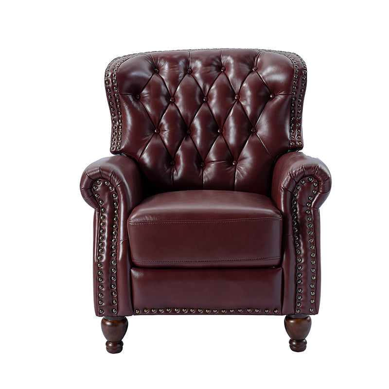 Fauteuil inclinable manuel en cuir véritable avec clous décoratifs, assise en mousse épaisse et inclinaison à 135° | Camel / Bleu marine / Bordeaux / Beige / Rouge / Marron | Une place