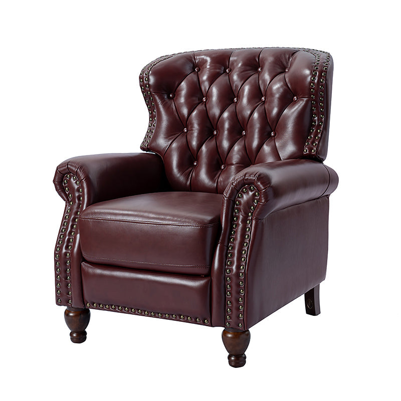 Fauteuil inclinable manuel en cuir véritable avec clous décoratifs, assise en mousse épaisse et inclinaison à 135° | Camel / Bleu marine / Bordeaux / Beige / Rouge / Marron | Une place