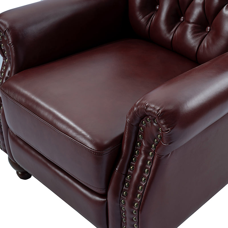 Fauteuil inclinable manuel en cuir véritable avec clous décoratifs, assise en mousse épaisse et inclinaison à 135° | Camel / Bleu marine / Bordeaux / Beige / Rouge / Marron | Une place