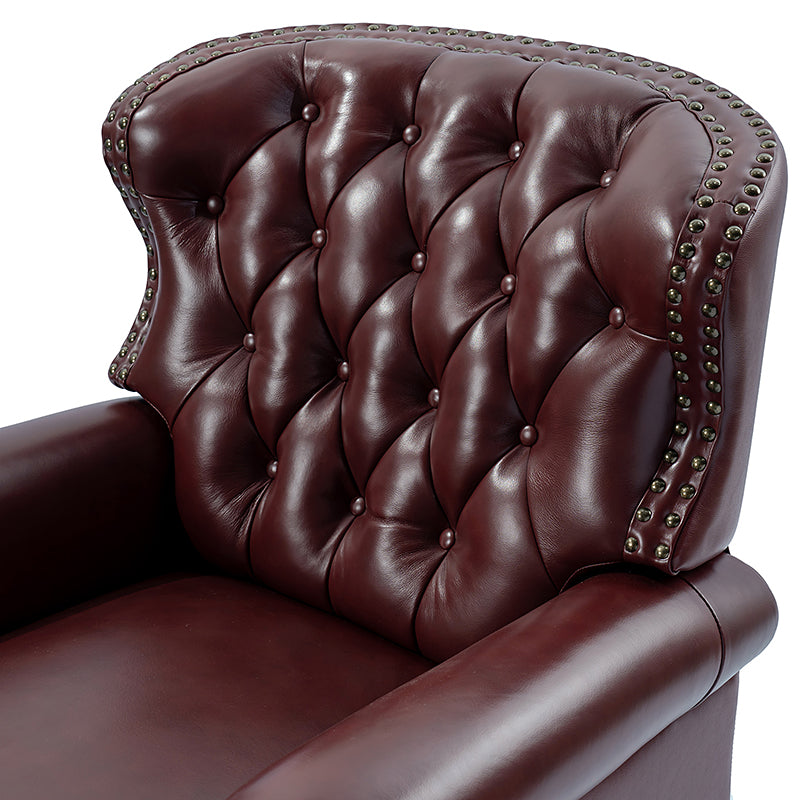 Fauteuil inclinable manuel en cuir véritable avec clous décoratifs, assise en mousse épaisse et inclinaison à 135° | Camel / Bleu marine / Bordeaux / Beige / Rouge / Marron | Une place