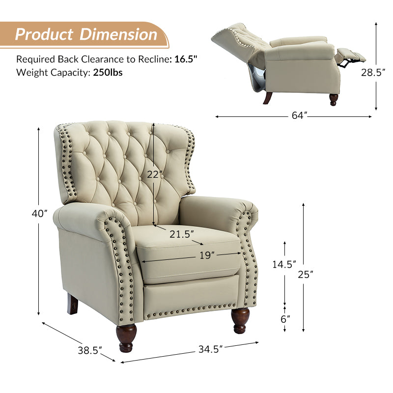 Fauteuil inclinable manuel en cuir véritable avec clous décoratifs, assise en mousse épaisse et inclinaison à 135° | Camel / Bleu marine / Bordeaux / Beige / Rouge / Marron | Une place