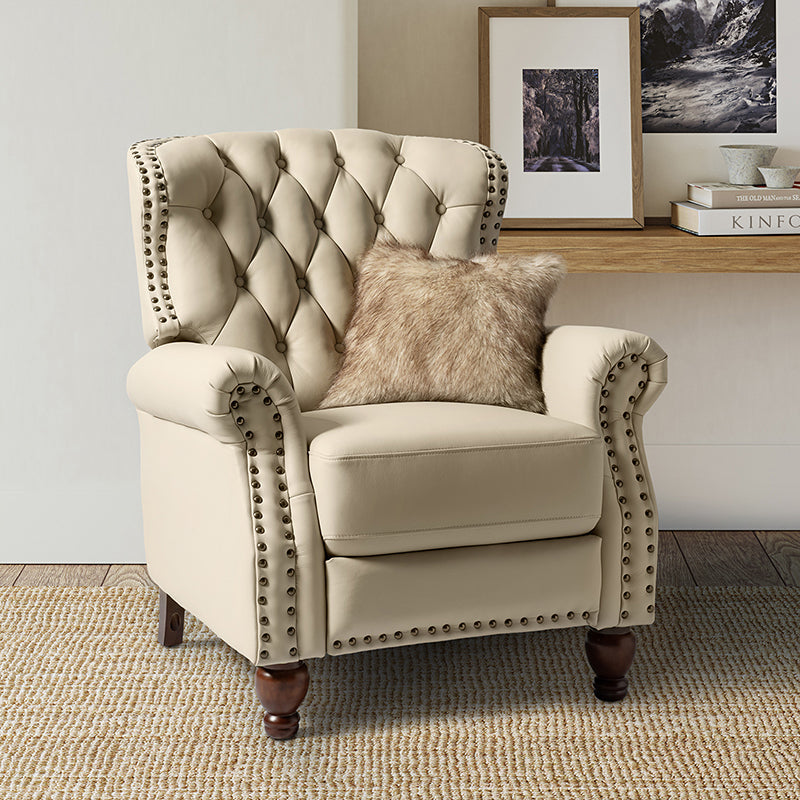 Fauteuil inclinable manuel en cuir véritable avec clous décoratifs, assise en mousse épaisse et inclinaison à 135° | Camel / Bleu marine / Bordeaux / Beige / Rouge / Marron | Une place