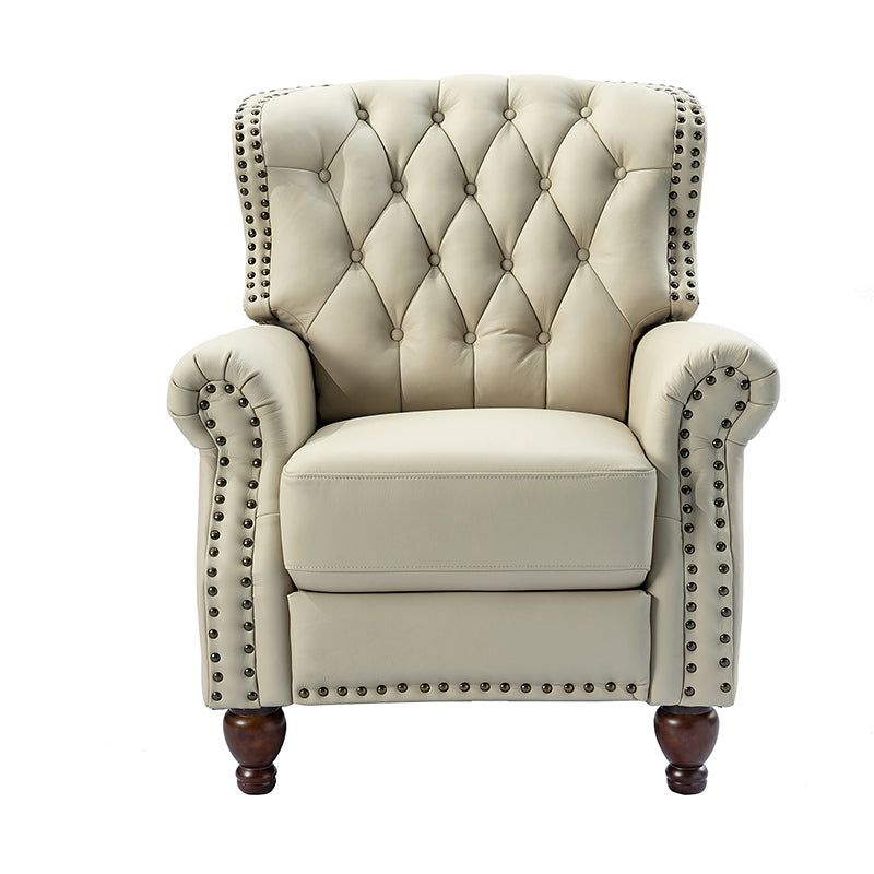 Fauteuil inclinable manuel en cuir véritable avec clous décoratifs, assise en mousse épaisse et inclinaison à 135° | Camel / Bleu marine / Bordeaux / Beige / Rouge / Marron | Une place
