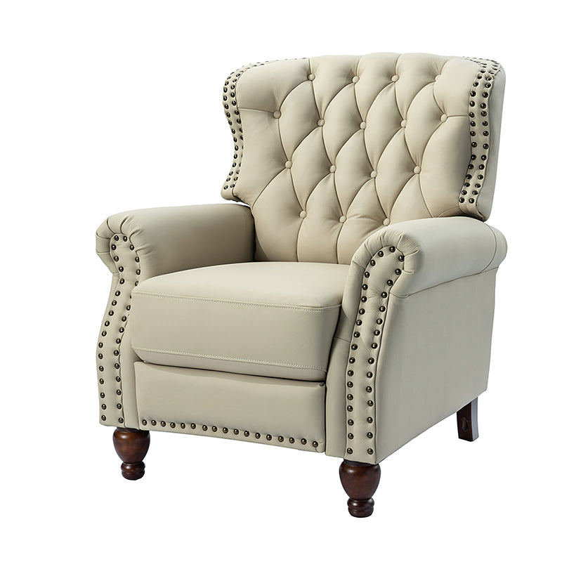 Fauteuil inclinable manuel en cuir véritable avec clous décoratifs, assise en mousse épaisse et inclinaison à 135° | Camel / Bleu marine / Bordeaux / Beige / Rouge / Marron | Une place
