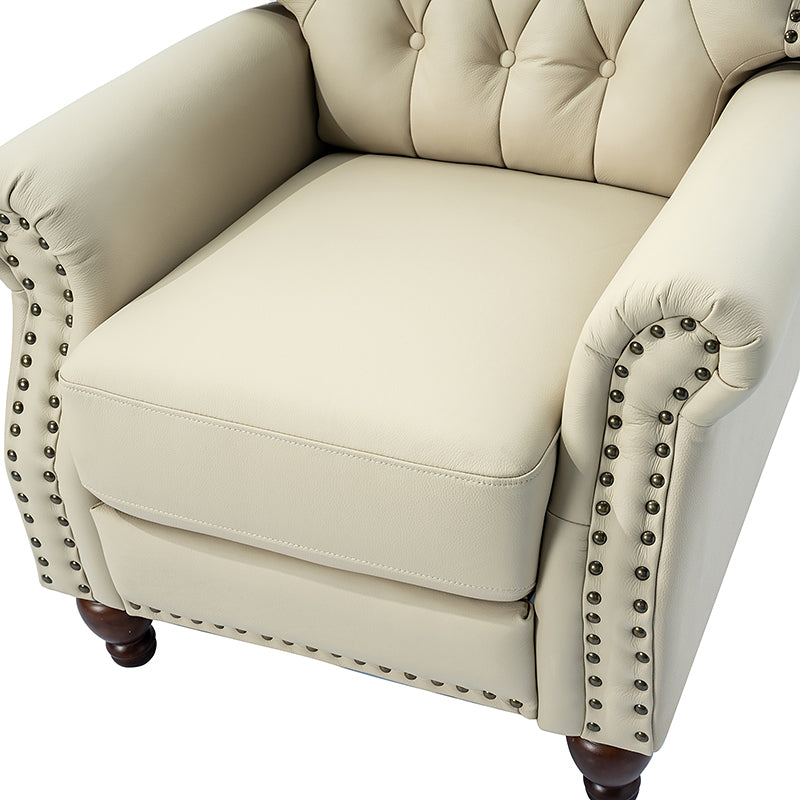 Fauteuil inclinable manuel en cuir véritable avec clous décoratifs, assise en mousse épaisse et inclinaison à 135° | Camel / Bleu marine / Bordeaux / Beige / Rouge / Marron | Une place