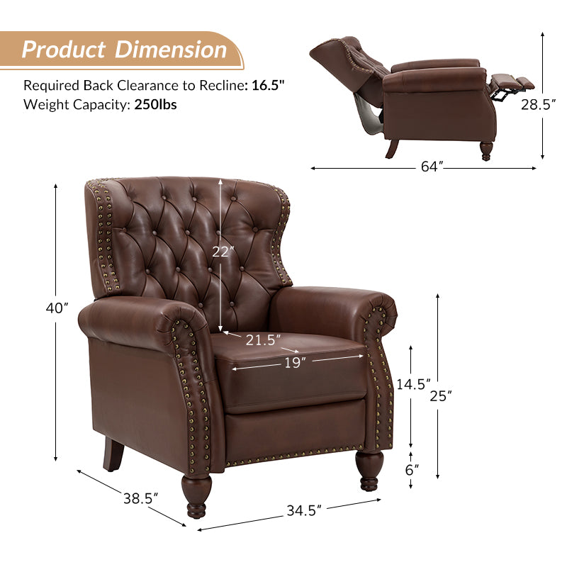 Fauteuil inclinable manuel en cuir véritable avec clous décoratifs, assise en mousse épaisse et inclinaison à 135° | Camel / Bleu marine / Bordeaux / Beige / Rouge / Marron | Une place
