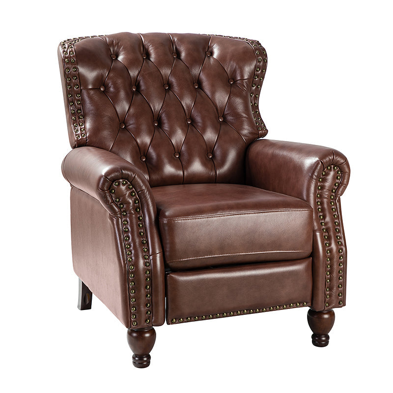 Fauteuil inclinable manuel en cuir véritable avec clous décoratifs, assise en mousse épaisse et inclinaison à 135° | Camel / Bleu marine / Bordeaux / Beige / Rouge / Marron | Une place