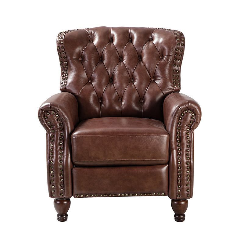 Fauteuil inclinable manuel en cuir véritable avec clous décoratifs, assise en mousse épaisse et inclinaison à 135° | Camel / Bleu marine / Bordeaux / Beige / Rouge / Marron | Une place