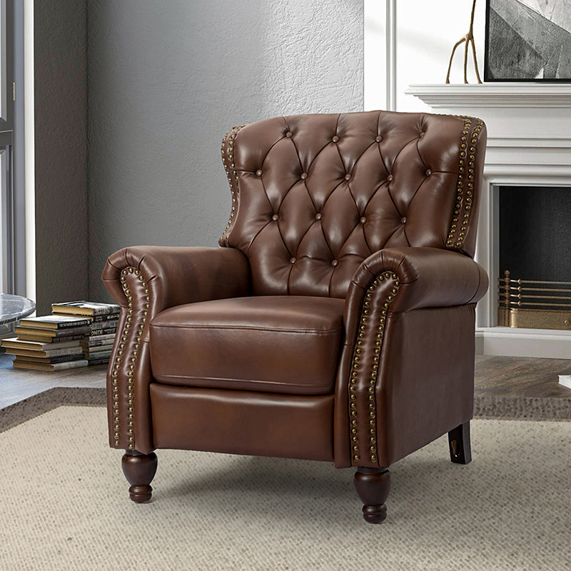 Fauteuil inclinable manuel en cuir véritable avec clous décoratifs, assise en mousse épaisse et inclinaison à 135° | Camel / Bleu marine / Bordeaux / Beige / Rouge / Marron | Une place