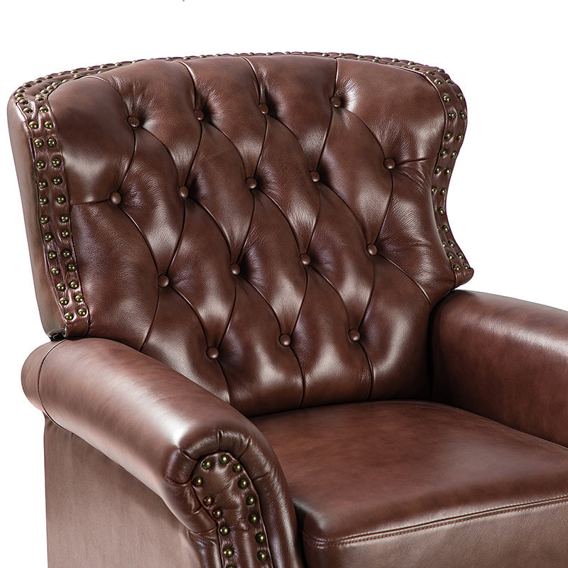 Fauteuil inclinable manuel en cuir véritable avec clous décoratifs, assise en mousse épaisse et inclinaison à 135° | Camel / Bleu marine / Bordeaux / Beige / Rouge / Marron | Une place