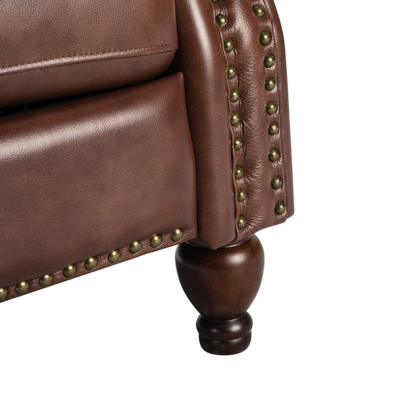Fauteuil inclinable manuel en cuir véritable avec clous décoratifs, assise en mousse épaisse et inclinaison à 135° | Camel / Bleu marine / Bordeaux / Beige / Rouge / Marron | Une place