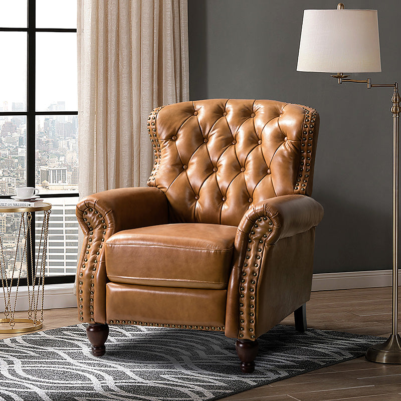 Fauteuil inclinable manuel en cuir véritable avec clous décoratifs, assise en mousse épaisse et inclinaison à 135° | Camel / Bleu marine / Bordeaux / Beige / Rouge / Marron | Une place