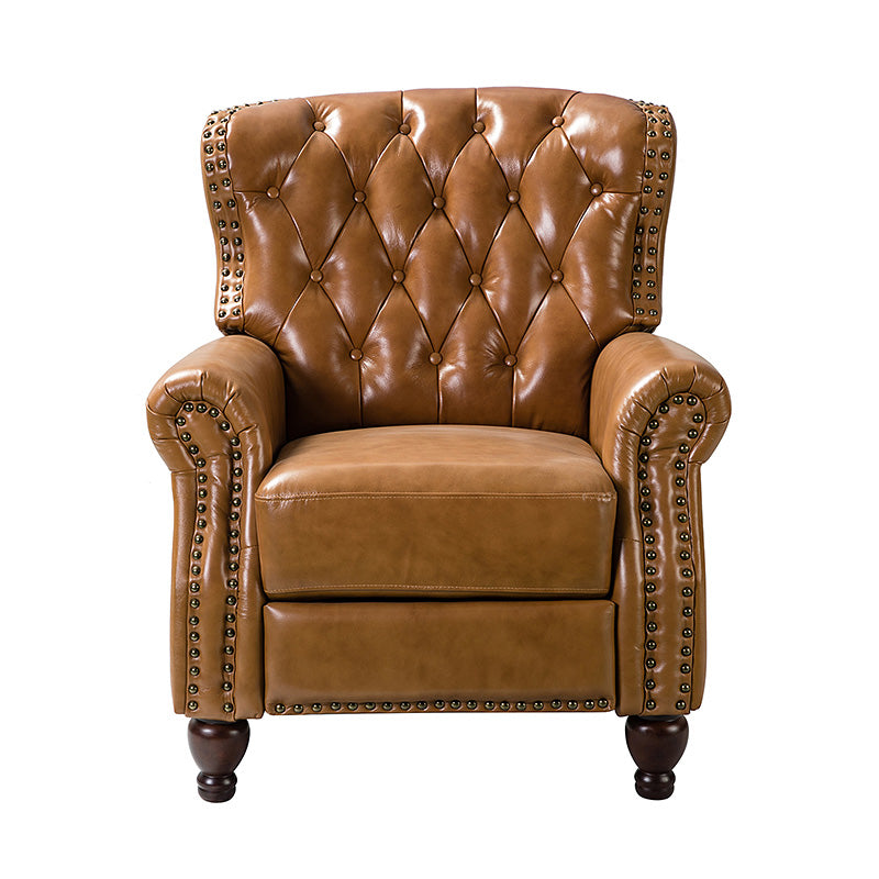 Fauteuil inclinable manuel en cuir véritable avec clous décoratifs, assise en mousse épaisse et inclinaison à 135° | Camel / Bleu marine / Bordeaux / Beige / Rouge / Marron | Une place