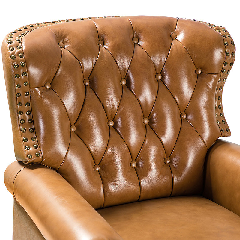 Fauteuil inclinable manuel en cuir véritable avec clous décoratifs, assise en mousse épaisse et inclinaison à 135° | Camel / Bleu marine / Bordeaux / Beige / Rouge / Marron | Une place