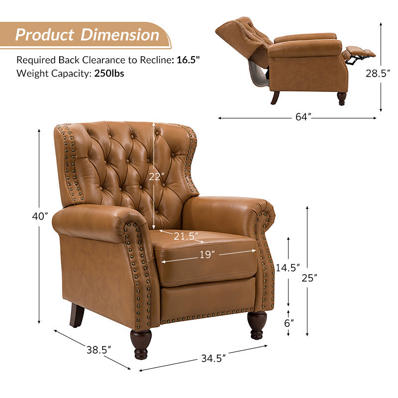 Fauteuil inclinable manuel en cuir véritable avec clous décoratifs, assise en mousse épaisse et inclinaison à 135° | Camel / Bleu marine / Bordeaux / Beige / Rouge / Marron | Une place