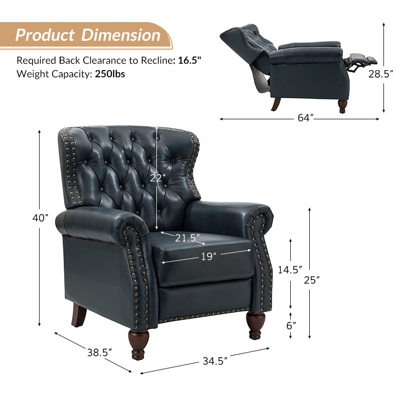 Fauteuil inclinable manuel en cuir véritable avec clous décoratifs, assise en mousse épaisse et inclinaison à 135° | Camel / Bleu marine / Bordeaux / Beige / Rouge / Marron | Une place