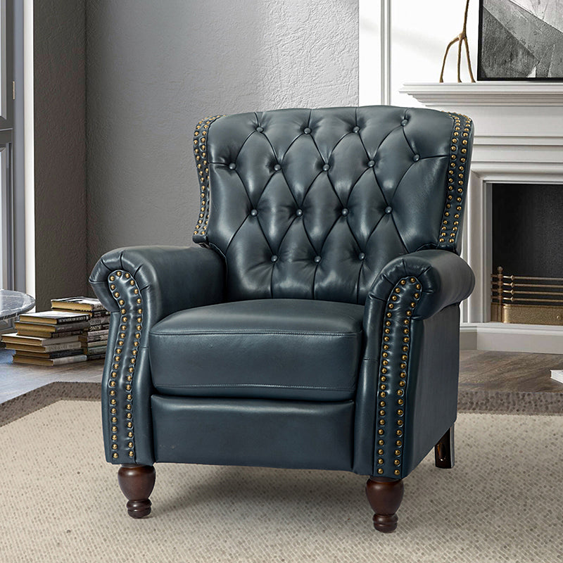 Fauteuil inclinable manuel en cuir véritable avec clous décoratifs, assise en mousse épaisse et inclinaison à 135° | Camel / Bleu marine / Bordeaux / Beige / Rouge / Marron | Une place