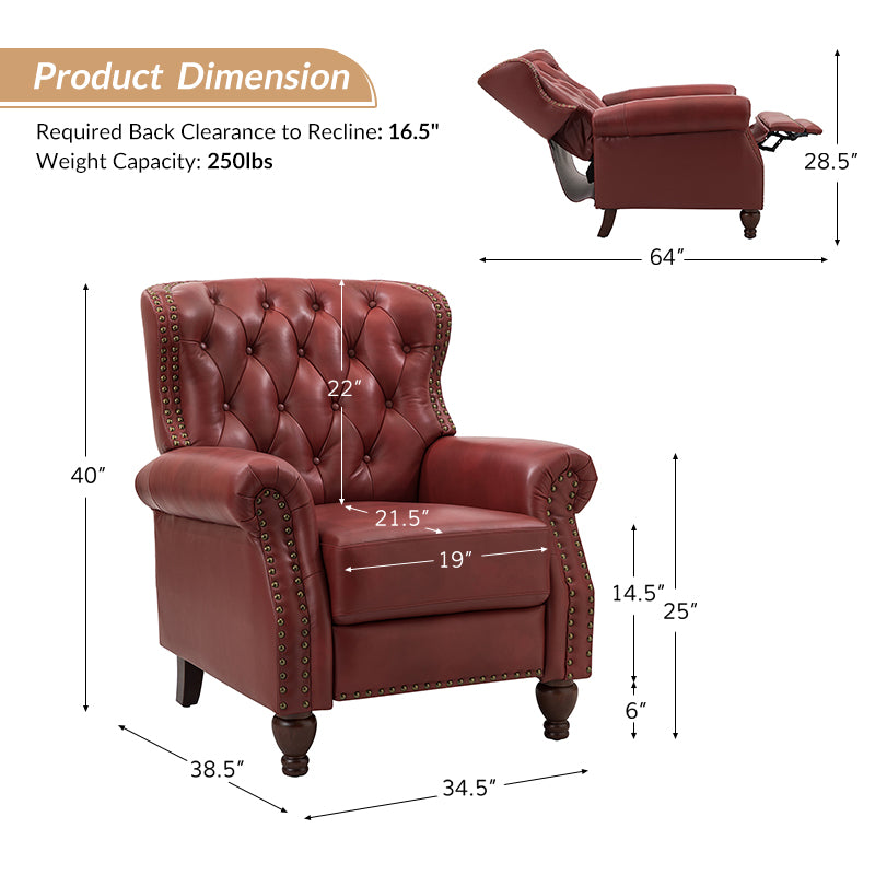 Fauteuil inclinable manuel en cuir véritable avec clous décoratifs, assise en mousse épaisse et inclinaison à 135° | Camel / Bleu marine / Bordeaux / Beige / Rouge / Marron | Une place