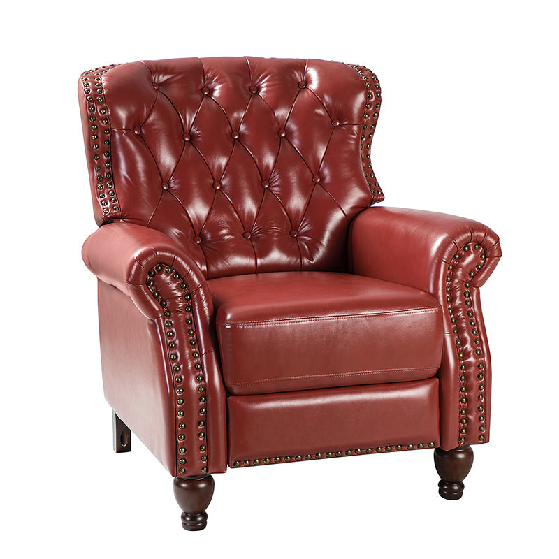 Fauteuil inclinable manuel en cuir véritable avec clous décoratifs, assise en mousse épaisse et inclinaison à 135° | Camel / Bleu marine / Bordeaux / Beige / Rouge / Marron | Une place