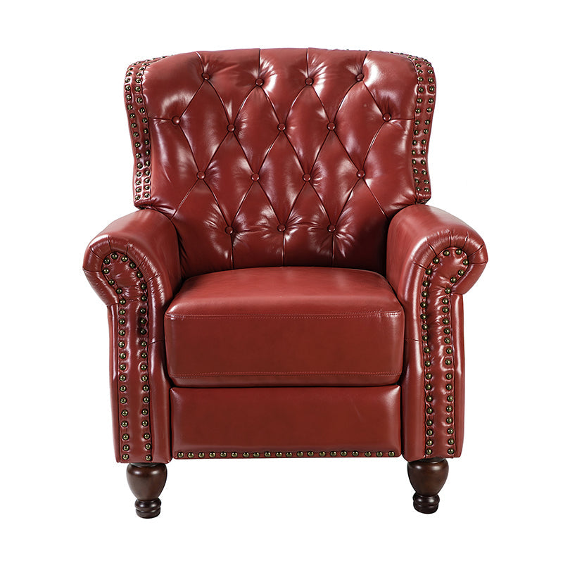 Fauteuil inclinable manuel en cuir véritable avec clous décoratifs, assise en mousse épaisse et inclinaison à 135° | Camel / Bleu marine / Bordeaux / Beige / Rouge / Marron | Une place