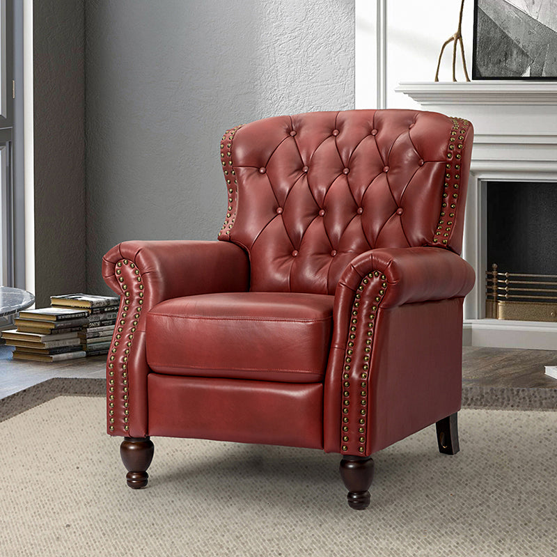 Fauteuil inclinable manuel en cuir véritable avec clous décoratifs, assise en mousse épaisse et inclinaison à 135° | Camel / Bleu marine / Bordeaux / Beige / Rouge / Marron | Une place
