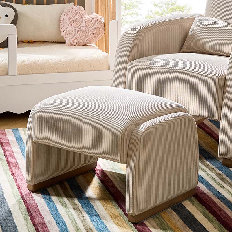 Ottoman rond en velours côtelé avec pieds en bois d'hévéa | Beige / Gris / Blanc | Simple