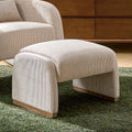 Ottoman rond en velours côtelé avec pieds en bois d'hévéa | Beige / Gris / Blanc | Simple