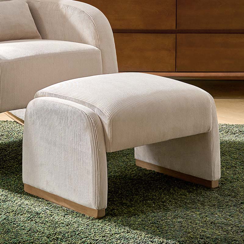 Ottoman rond en velours côtelé avec pieds en bois d'hévéa | Beige / Gris / Blanc | Simple
