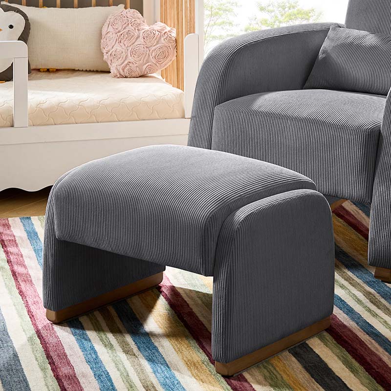 Ottoman rond en velours côtelé avec pieds en bois d'hévéa | Beige / Gris / Blanc | Simple