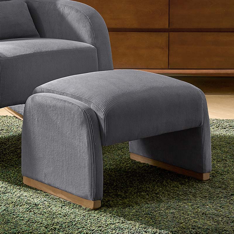 Ottoman rond en velours côtelé avec pieds en bois d'hévéa | Beige / Gris / Blanc | Simple